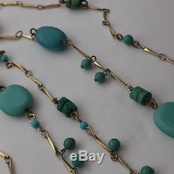 Vtg 54 Sleeping Beauty Turquoise & Glass Bead Gold Bar Long Chain Yard Necklace