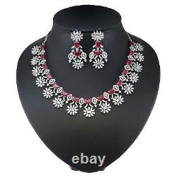 White Baguettes Ruby Stone Designer CZ Necklace Earring Set 28 RN 14