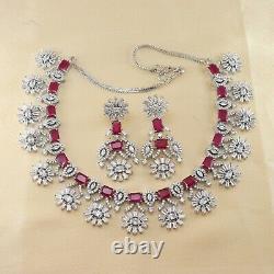 White Baguettes Ruby Stone Designer CZ Necklace Earring Set 28 RN 14