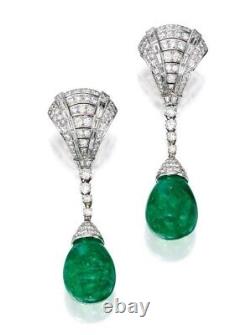 White Round CZ 925 Sterling Silver Green Cabochon drop Handmade Dangle Earrings