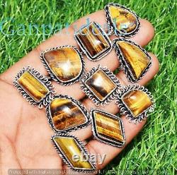 Wholesale! 50pcs Tiger Eye Gemstone Ring 925 Sterling Silver Plated Jewelry