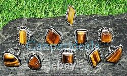 Wholesale! 50pcs Tiger Eye Gemstone Ring 925 Sterling Silver Plated Jewelry