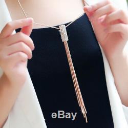 Women Full Cubic Zircon Cylinder Pendant Long Chain Tassel Sweater Necklace Gift