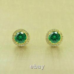 Women's Stud Earrings 3.15 Ct Round Cut Simulated Emerald 14k Yellow Gold Plated